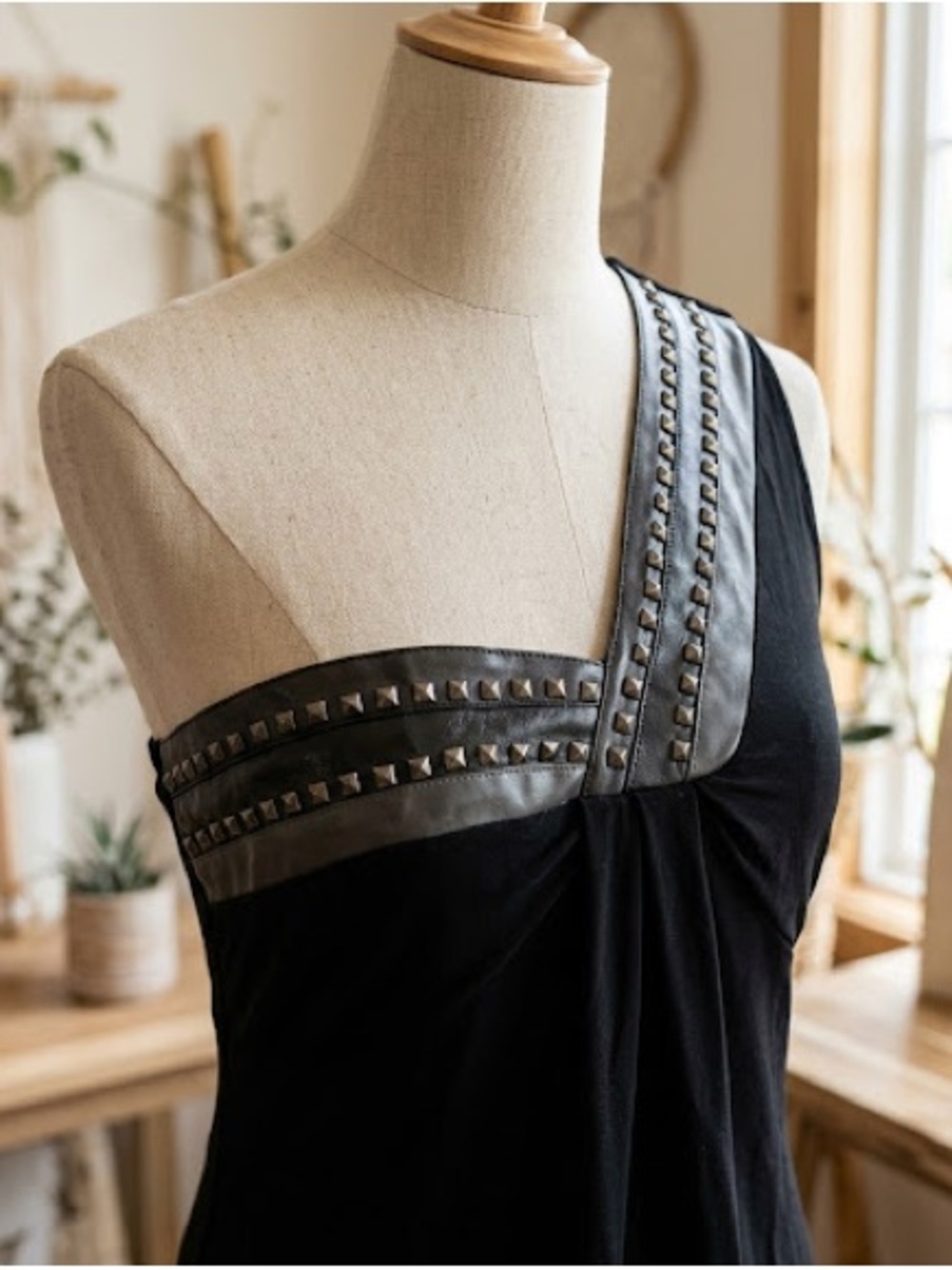bebe Black One-Shoulder Studded Midi Dress